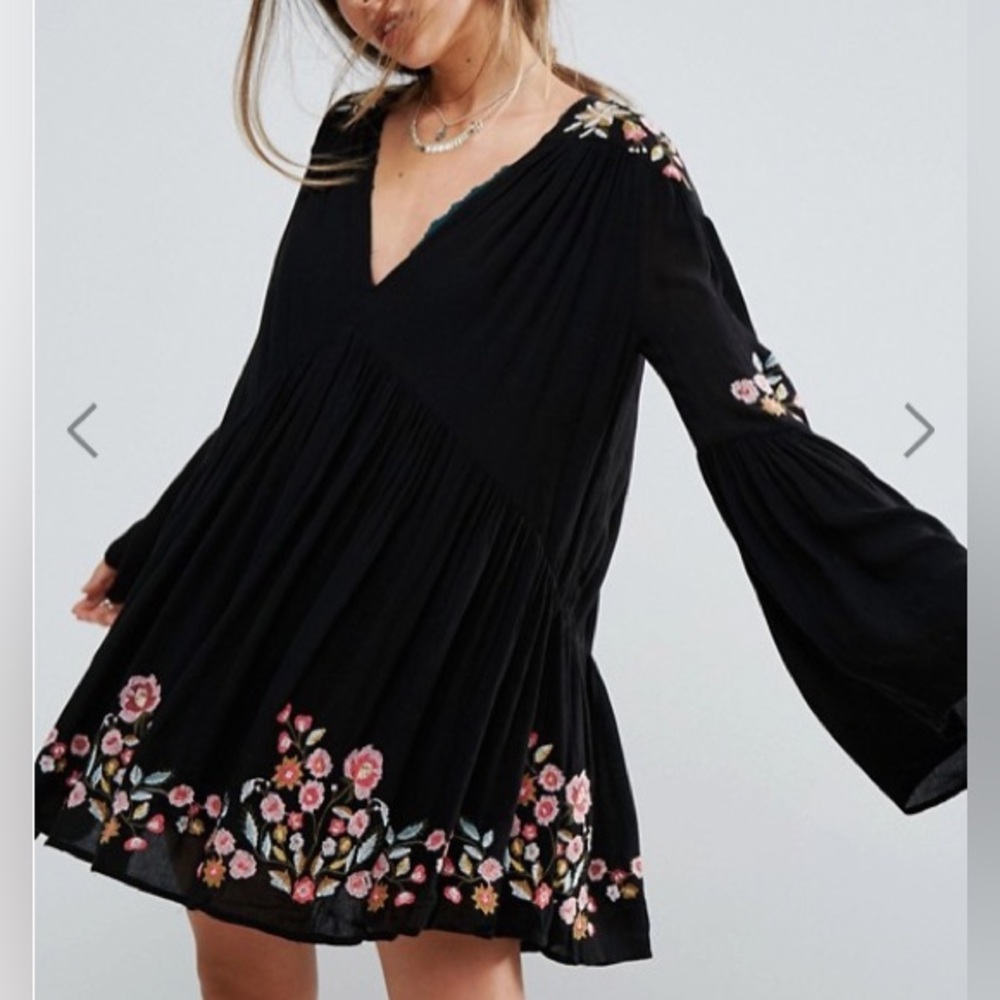 Free People Te Amo black floral embroidered babydoll mini dress Spanish bell